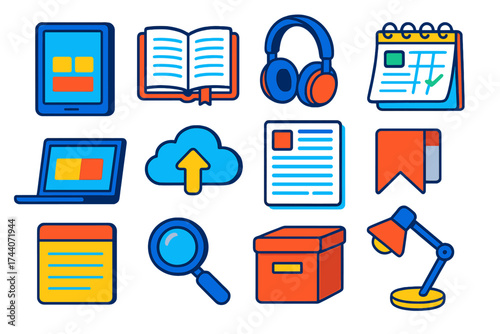 Digital Study Tools. Isometric vector illustration set Personal knowledge hub: tablet, open book, over-ear headphones, study