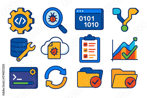 Tech Tools Icons. Isometric vector illustration set bug fixing and development tools: gear with code overlay, magnifier on red bug