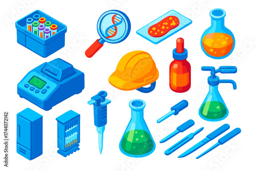 Scientific Lab Icons. Isometric vector illustration set scientific lab equipment and microbiology: molecular genetics kit, optical