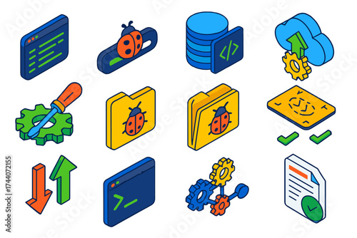 Tech Icon Set. Isometric vector illustration set bug fixing and development tools: code editor with green lines, bug removal