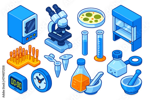 Scientific Lab Icons. Isometric vector illustration set scientific lab equipment and microbiology: microbiology incubator,