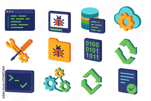 Tech Icon Set. Isometric vector illustration set bug fixing and development tools: code editor with green lines, bug removal