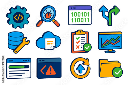Tech Tools Icons. Isometric vector illustration set bug fixing and development tools: gear with code overlay, magnifier on red bug