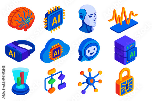 AI Technology Icons. Isometric vector illustration set artificial intelligence and brainwave technology: brain with integrated