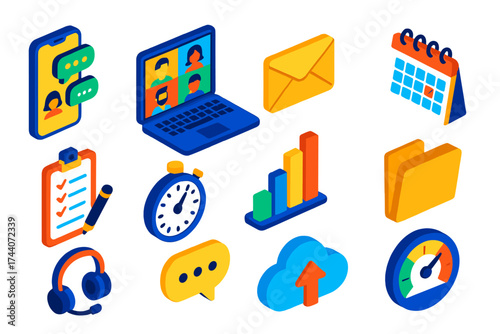 Digital Communication Icons. Isometric vector illustration set communication and productivity: group chat on smartphone, video