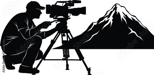 Filmmaker silhouette with camera on tripod, mountain landscape backdrop, black and white outdoor documentary art, nature cinematography concept, vector illustration