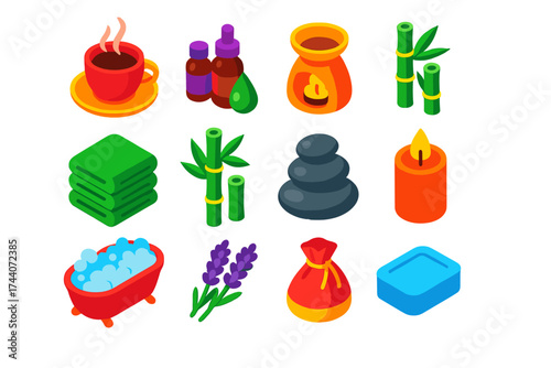 Wellness Icon Set. Isometric vector illustration set relaxation icons for wellness: steaming tea cup, essential oil set, aroma