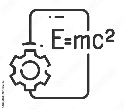 Physics equation on smartphone with gear icon for educational technology concept