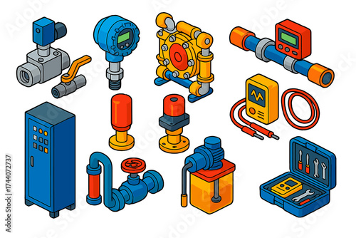 Industrial Automation Icons. Isometric vector illustration set industrial automation: pneumatic valve, pressure transmitter,