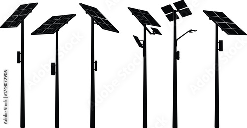 Set of solar-powered street lamp silhouettes with panel variations—vector illustration for sustainable, urban, and architectural lighting design themes