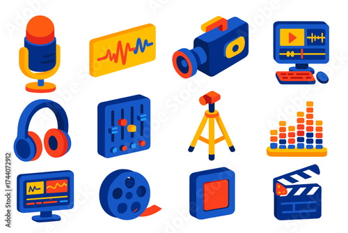 Multimedia Icons Collection. Isometric vector illustration set multimedia icons for recording and editing: broadcast microphone,