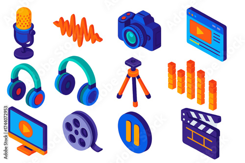 Multimedia Icons Collection. Isometric vector illustration set multimedia icons for recording and editing: condenser microphone,