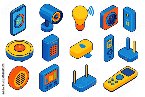 Smart Home Icons. Isometric vector illustration set smart home icons: app-controlled thermostat, panoramic camera,