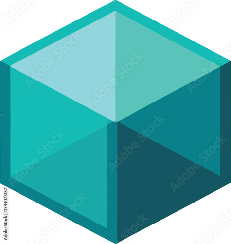 Abstract geometric teal cube with sharp facets and light reflections