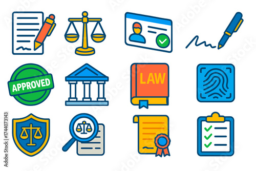 Legal Compliance Icons. Isometric vector illustration set legal and compliance icons: agreement document and pen, law justice