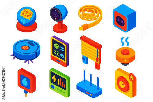 Smart Home Icon Set. Isometric vector illustration set smart home icons: AI smart hub, home cam with night vision, dimmable LED