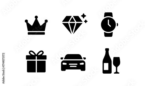 Luxury icons set: crown, diamond, watch, gift, car, wine in silhouette style