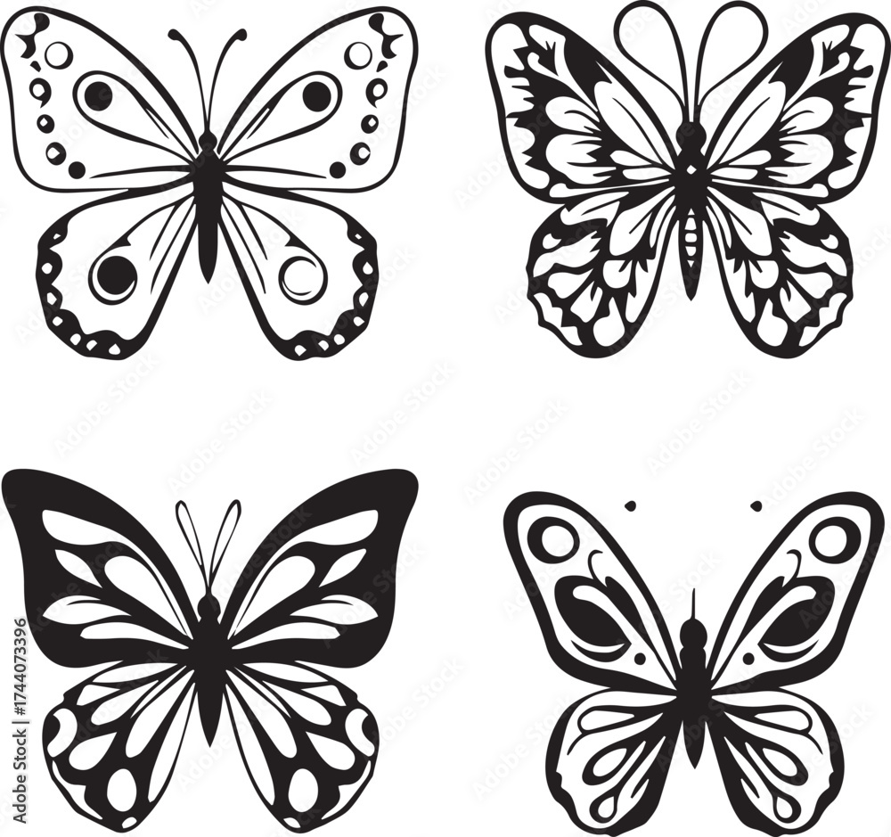Fototapeta premium Butterfly icon set with stylized wing patterns in black and white silhouette decorative nature style