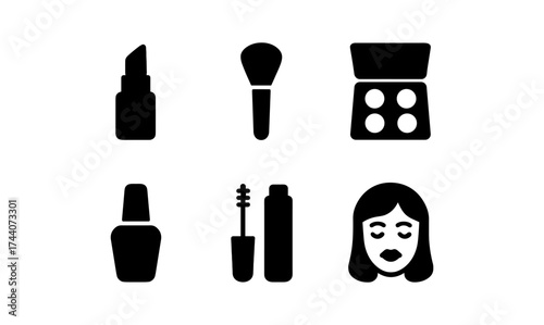 Beauty essentials in bold silhouette: lipstick, brushes, makeup palette, nail polish, mascara, femininity