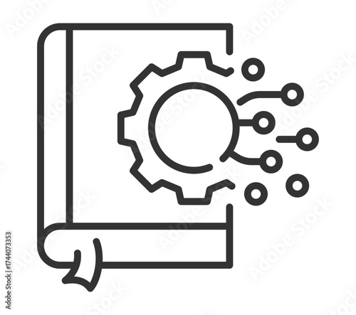 Illustrated book with gear symbol on cover representing technical knowledge