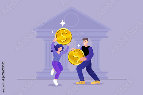 A happy couple receives a loan or mortgage from a bank. A man and woman hold giant dollar coins in front of a bank building. Concept of credit, a successful application, and financial support.