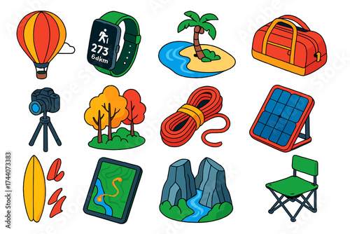 Travel Adventure Icons. Isometric vector illustration set travel, technology, and nature themes: balloon in sky, smartwatch with