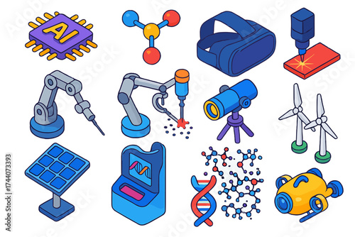Innovative Tech Icons. Isometric vector illustration set innovative technology and science icons: AI processor, molecular model,