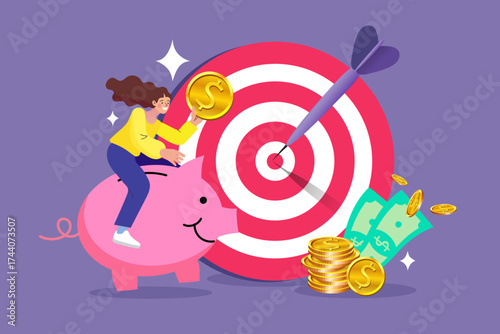 A young woman puts a dollar coin into a piggy bank to reach her financial target. A metaphor for a successful saving strategy, wealth management, and hitting an investment goal. Modern  illustration.