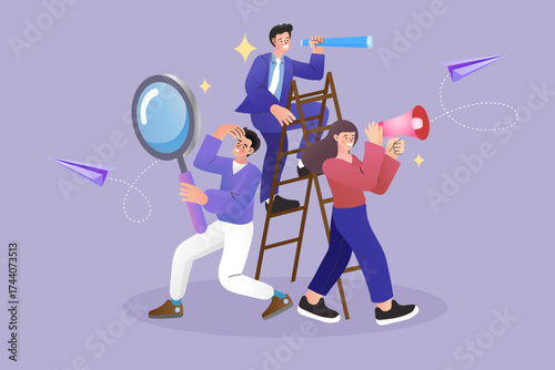 A group of people searching for a solution. A business team collaborates to find new opportunities and announce a plan. Metaphor for market analysis, strategic planning, and a marketing campaign.