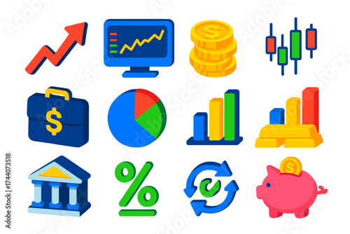 Financial Growth Icons. Isometric vector illustration set representing financial growth and trading trends in modern design: