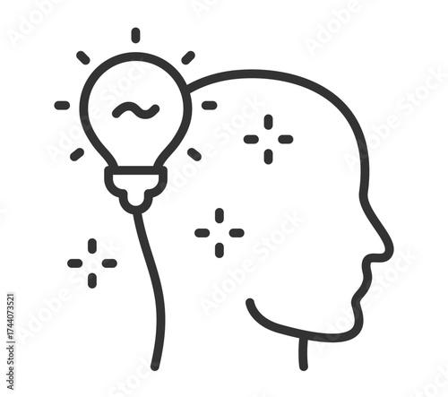 Insightful concept: light bulb idea inside human head outline illustration