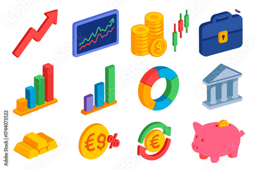 Financial Growth Icons. Isometric vector illustration set representing financial growth and trading trends in modern design:
