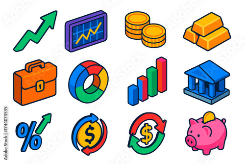 Financial Growth Icons. Isometric vector illustration set representing financial growth and trading trends in modern design:
