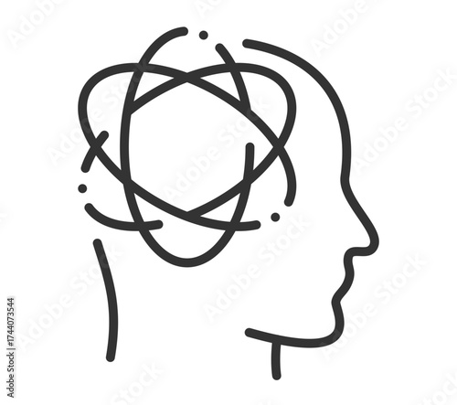 Abstract line art of human head with atomic structure symbolizing thought