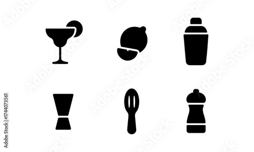 Simple black icons of cocktail glass, citrus, shaker, jigger, spoon, and spice grinder