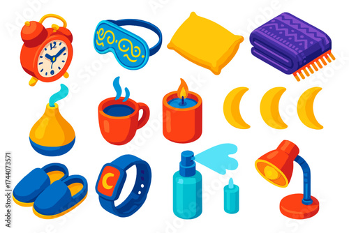 Sleep Essentials Icons. Isometric vector illustration set sleep and wellness icons featuring alarm clock and night mask: round