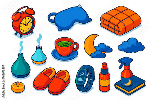 Sleep Essentials Icons. Isometric vector illustration set sleep and wellness icons featuring alarm clock and night mask: retro