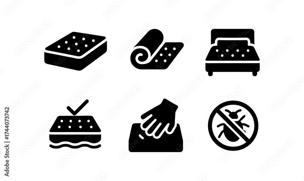 Fototapeta premium Mattress and bedding icons: hygiene, comfort, and protection concepts in modern silhouette style