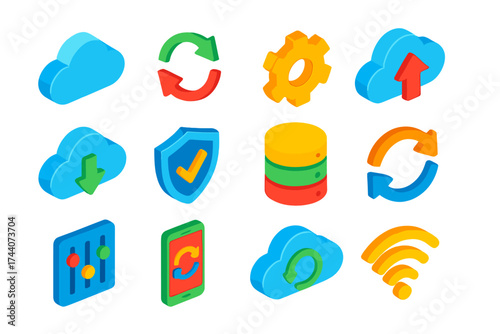 Tech Icon Set. Isometric vector illustration set technology icons for cloud, sync, and settings: cloud icon, rotating sync arrows,