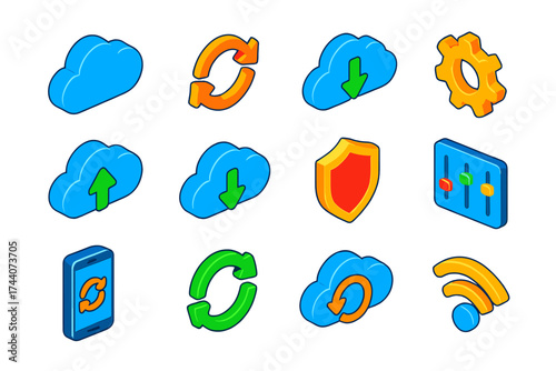 Tech Icon Set. Isometric vector illustration set technology icons for cloud, sync, and settings: cloud icon, rotating sync arrows,