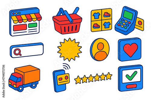 E-commerce Interface Elements. Isometric vector illustration set e-commerce and user interface design: store homepage mockup,