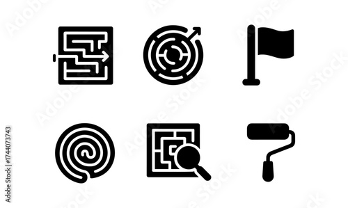 Minimalist maze and puzzle icons set: navigation and problem solving