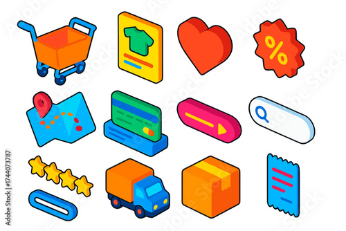 E-commerce Isometric Icons. Isometric vector illustration set E-commerce interface: shopping cart, product card, wishlist heart,
