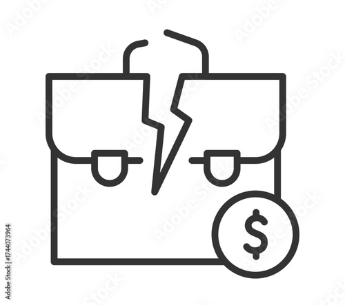Broken briefcase icon with dollar sign symbolizing financial crisis