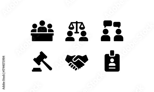 Legal icons collection: justice, communication, and agreement symbols in minimalist design
