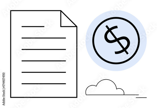 Document with lines paired with a circular dollar sign above a minimalist cloud. Ideal for finance, saving, economy, investment, business planning, taxation, reporting, simple flat metaphor