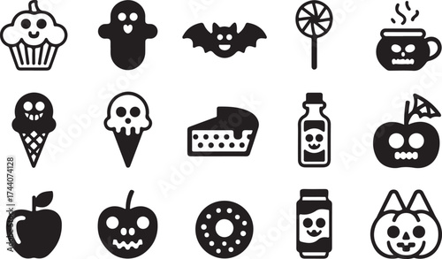 Collection of halloween themed food and treat icons in silhouette