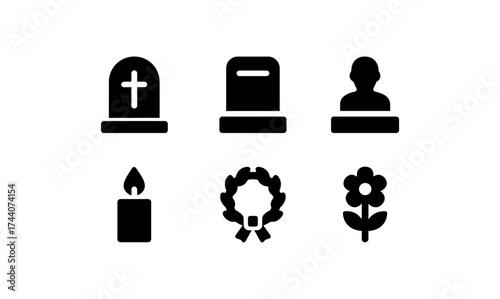 Memorial and graveyard icons in minimalist silhouette style for websites and prints