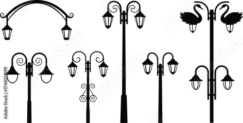 Set of decorative street lamp silhouettes with ornate lanterns and swan motifs—vector illustration for vintage, urban, and architectural themes
