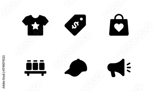 Minimalist shopping icons: fashion, price tags, and accessories in bold silhouette style